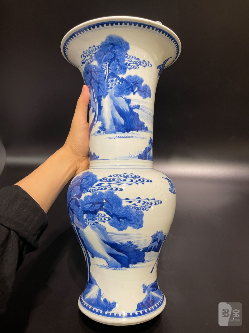 清康熙 青花山水松鹤延年凤尾尊 - 图7